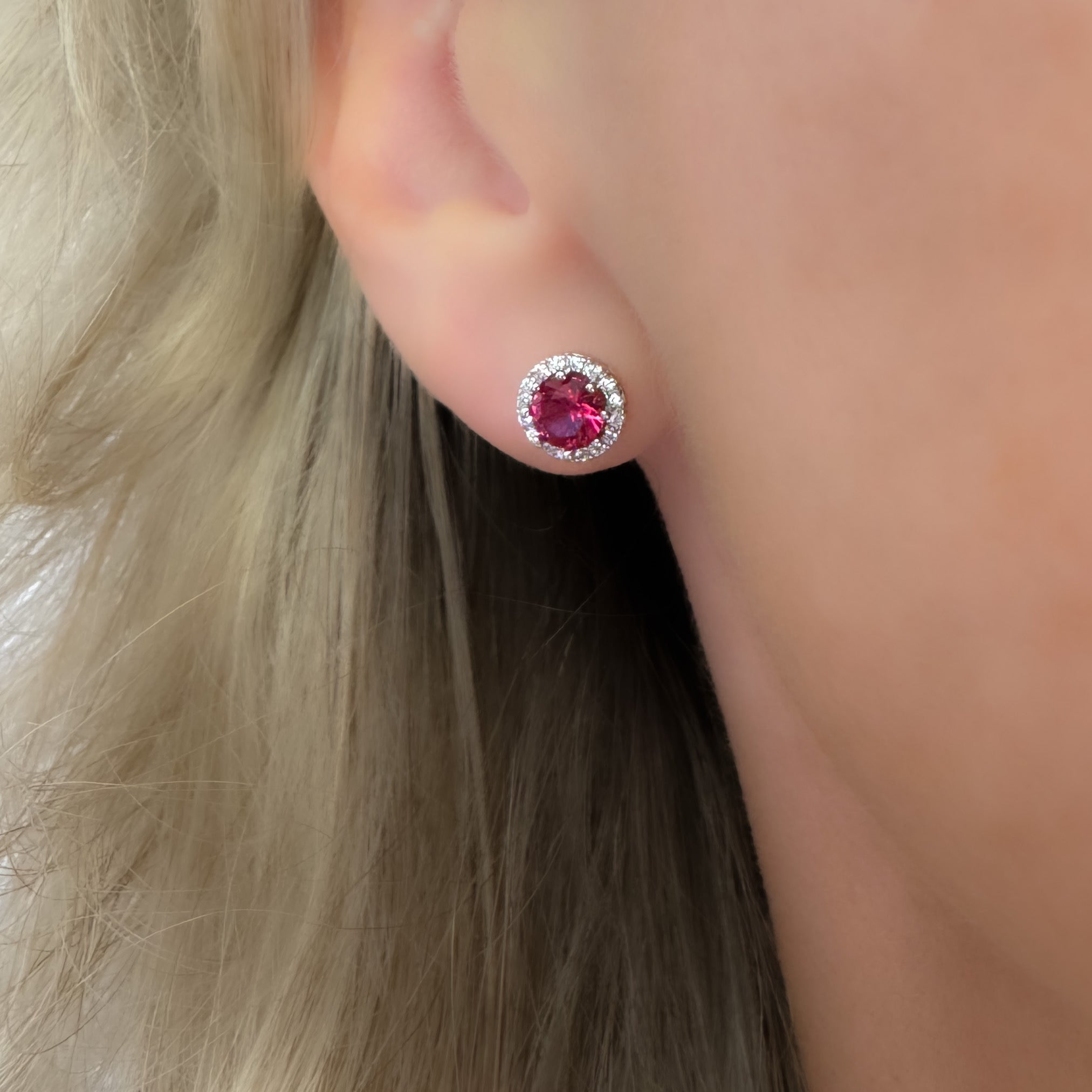 Round cut earrings, ruby earrings, sparkling earrings, red earrings, halo earrings, statement earrings, silver earrings, diamond earrings, silver stud earrings, Christmas gift, Valentines gift