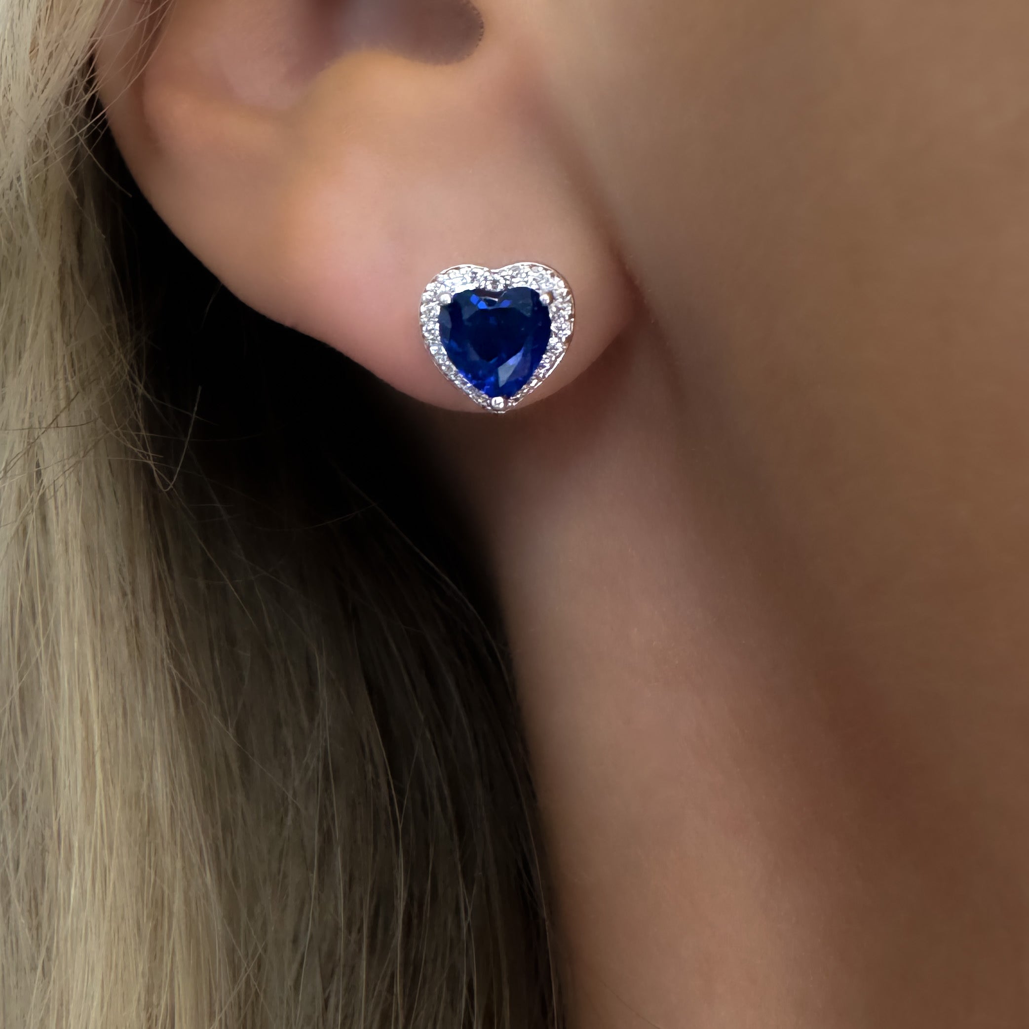 Heart Stud Earrings | Sapphire Blue | Silver