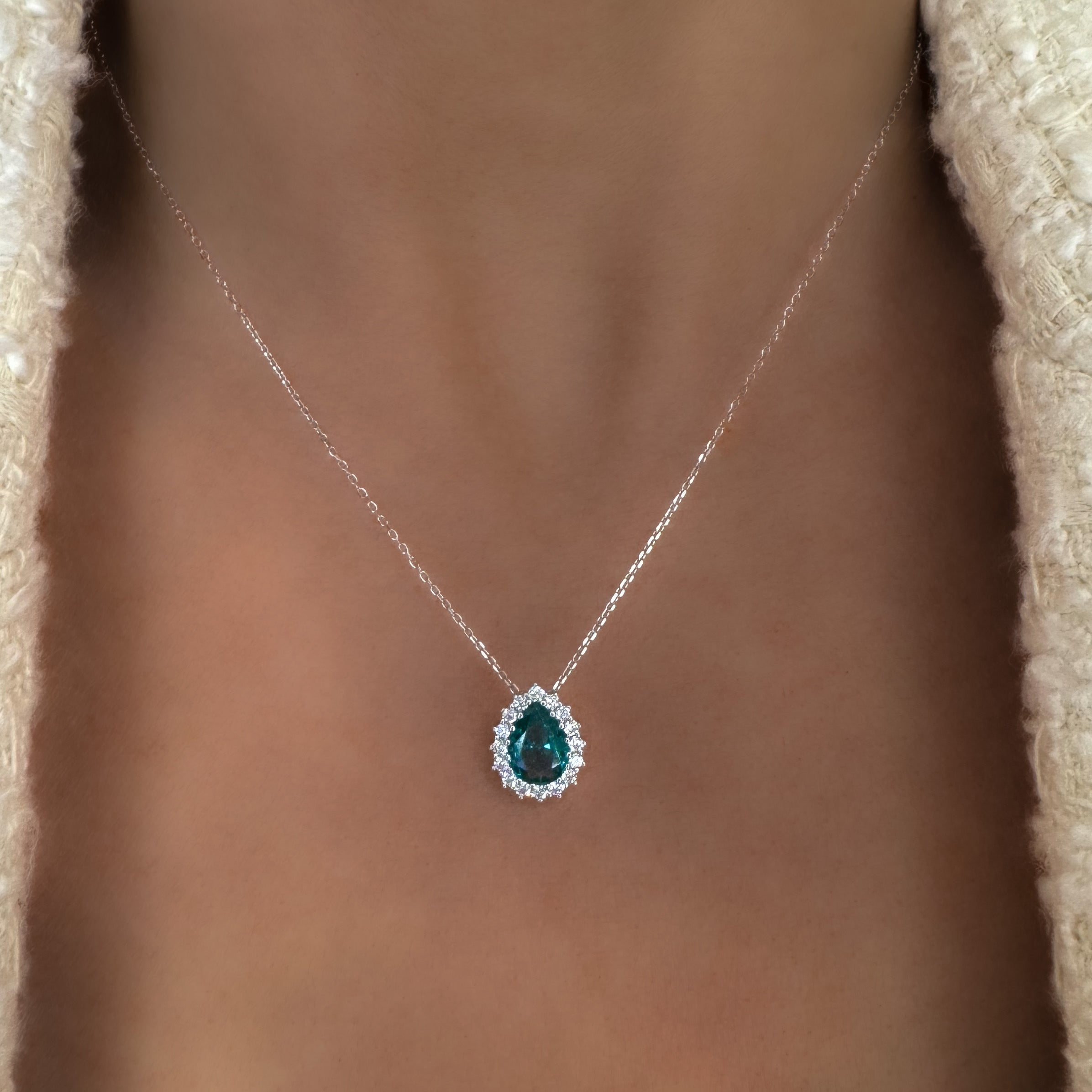 Pear cut necklace, emerald necklace, teardrop necklace, statement necklace, silver necklace, green necklace, emerald pendant