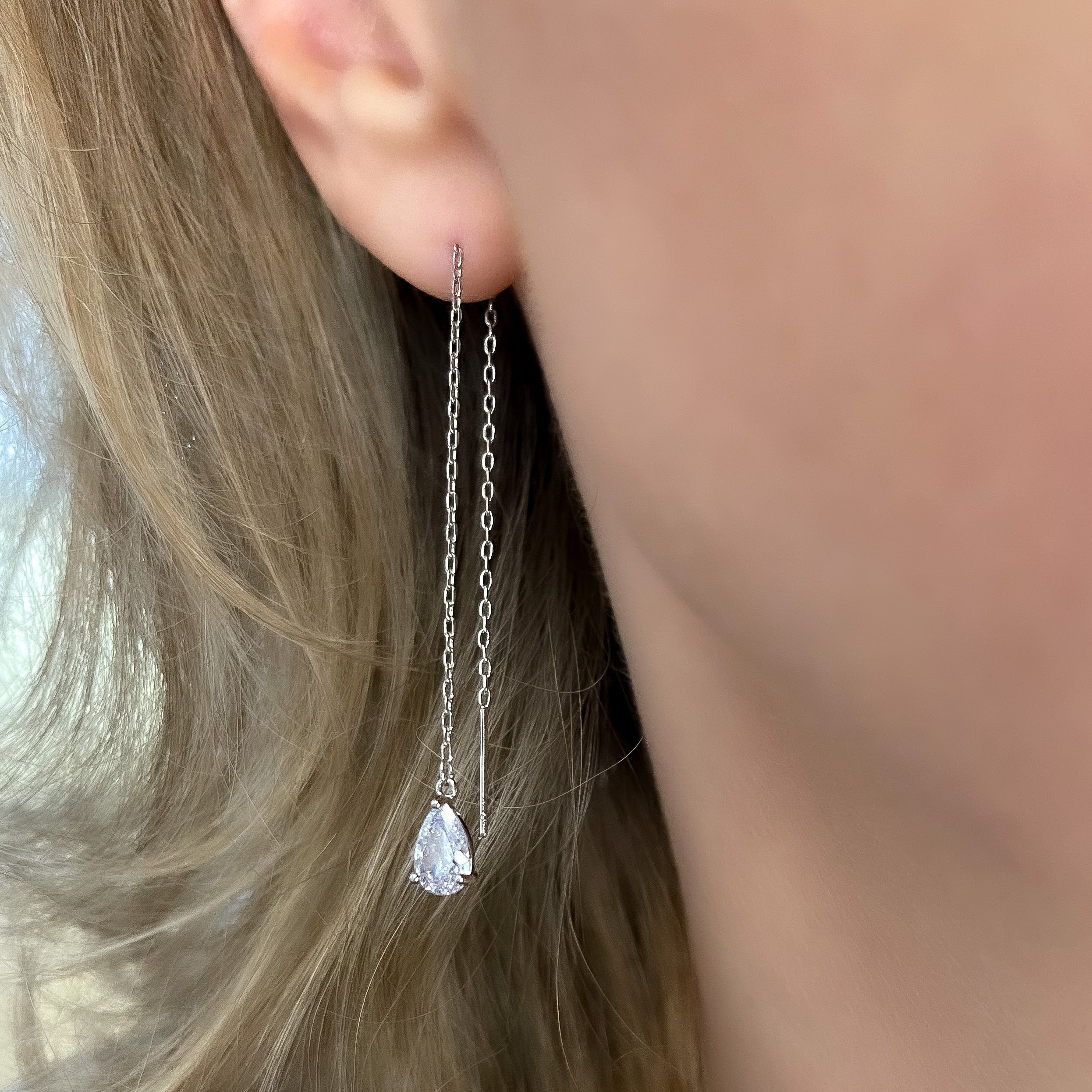 Glitz Teardrop Threader Earrings | Silver