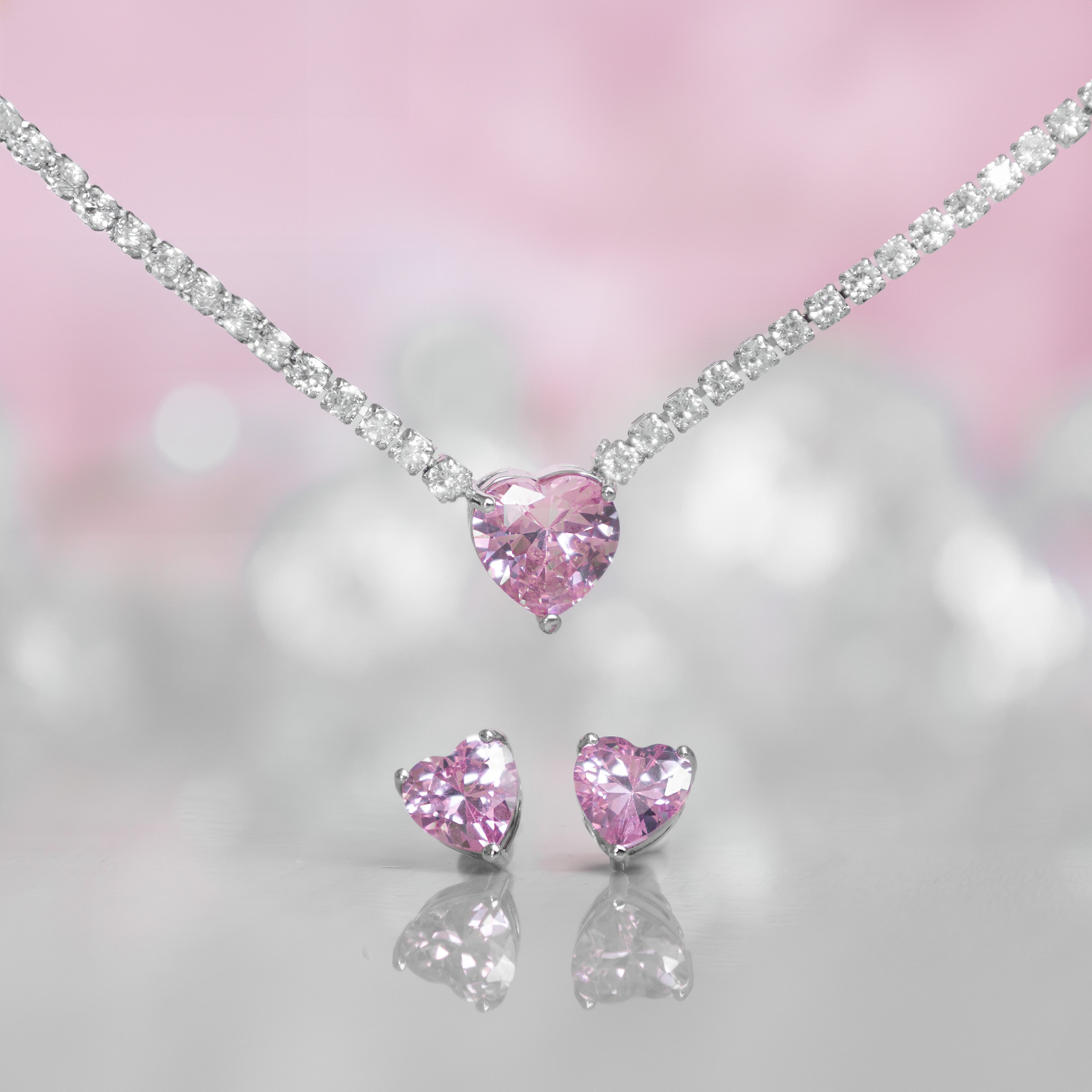 Loveheart necklace, heart earrings, pink heart jewellery, jewellery set, pink tennis necklace