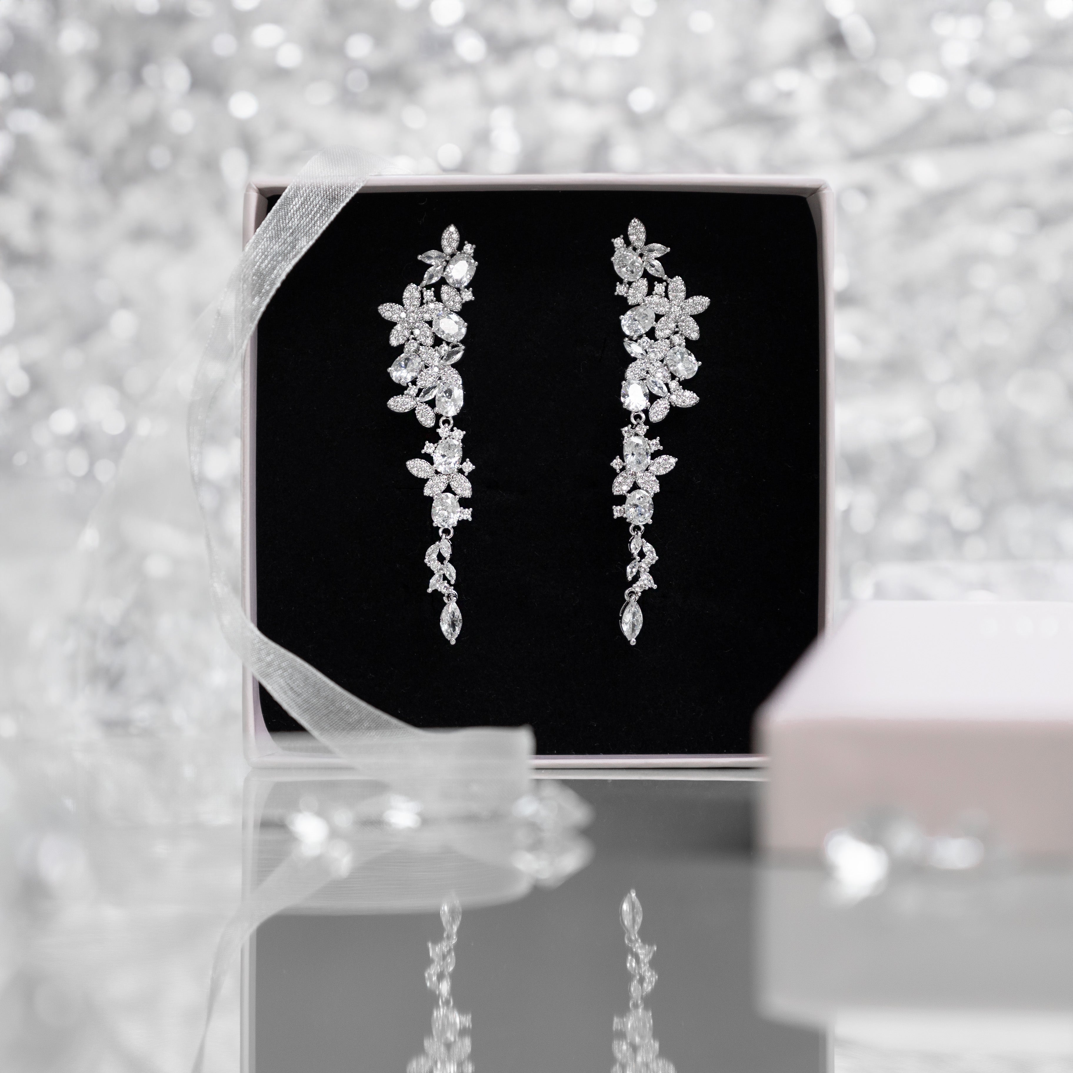 Floral Crystal Cascade Earrings | Silver