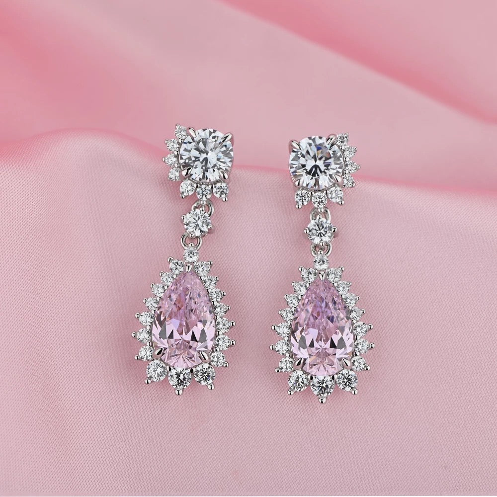 Silver wedding earrings, going out earrings, bridal earrings, silver earrings, bridesmaid earrings, pink earrings, teardrop earrings, pear earrings, drop earrings, 925 earrings, blush pink earrings, wedding jewellery, luxury earrings